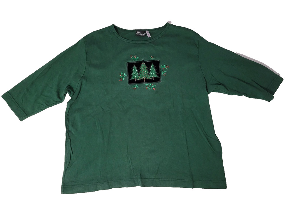 Sunburst by Malibu Womens 2XL Green Christmas Tree Embellished 3/4 Sleeve Top